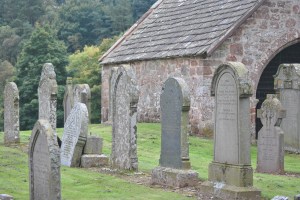 That village was right here and all that is left of it is Edzell graveyard and the burial aisle of the Lindsay family, originally part of the church but the church was destroyed in 1818. 