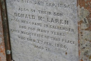 Within the burial ground is the grave of Donald MacLaren, the banker, wool merchant and local businessman who formed the MacLaren High School 